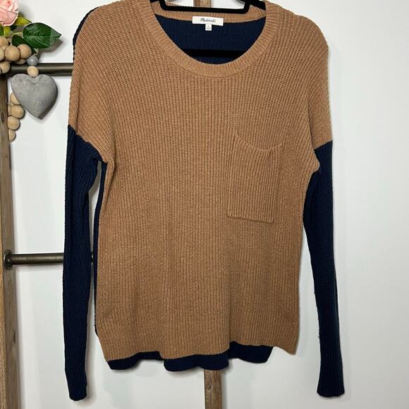 Madewell Long Sleeve Color Block Brown Navy Crew Neck Sweater Size Small - Picture 3 of 7